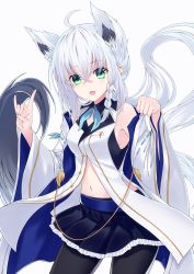 Rule 34 | 1girl, :d, ahoge, animal ear fluff, animal ears, azur lane, bare shoulders, black pantyhose, black skirt, blue neckerchief, blush, braid, breasts, commentary request, detached sleeves, fox ears, fox girl, fox shadow puppet, fox tail, frilled skirt, frills, green eyes, grey background, hair between eyes, hajika, hands up, highres, hololive, long hair, long sleeves, looking at viewer, medium breasts, navel, neckerchief, open mouth, pantyhose, paw pose, pleated skirt, shirakami fubuki, silver hair, simple background, skirt, sleeveless, smile, solo, tail, very long hair, virtual youtuber, white sleeves, wide sleeves