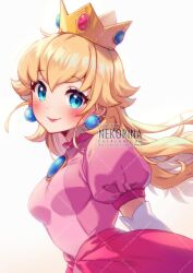 Rule 34 | 1girl, arms behind back, artist name, blonde hair, blue eyes, blush, breasts, chest jewel, closed mouth, crown, dress, earrings, elbow gloves, gloves, jewelry, long hair, looking at viewer, mario (series), medium breasts, mini crown, neko-rina, nintendo, pink dress, princess peach, puffy short sleeves, puffy sleeves, short sleeves, smile, solo, upper body, watermark, white background, white gloves
