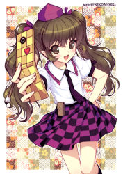 Rule 34 | 1girl, bad id, bad pixiv id, brown eyes, brown hair, cellphone, checkered background, checkered clothes, checkered skirt, female focus, fingernails, foreshortening, hand on own hip, hat, highres, himekaidou hatate, hip focus, long hair, necktie, phone, pointy ears, sayori (neko works), skirt, smile, solo, tokin hat, touhou, twintails