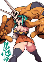 Rule 34 | 1girl, 2020, aqua hair, ass, backless dress, backless outfit, bare shoulders, black thighhighs, blush, breasts, cerebella (skullgirls), crossed arms, dress, from behind, green hair, hat, highres, large breasts, looking at viewer, looking back, open mouth, orange dress, short hair, sideboob, simple background, skindentation, skullgirls, smile, solo, teeth, thick thighs, thighhighs, thighs, tongue, tukiwani, upper teeth only, vice-versa (skullgirls), white background