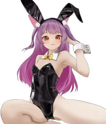Rule 34 | 1girl, animal ear fluff, animal ears, bare shoulders, breasts, claws, detached collar, fake animal ears, highres, leotard, long hair, looking at viewer, playboy bunny, purple hair, rabbit ears, red eyes, red hair, rurun rururica, simple background, small breasts, smile, tama (tamago), virtual youtuber, white background, wolf ears