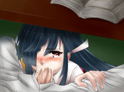Rule 34 | 10s, 1girl, admiral (kancolle), black hair, blush, cum, cum in mouth, cum in nose, fellatio, hair over one eye, hanazawa (seavolt), hayashimo (kancolle), kantai collection, long hair, looking at viewer, oral, penis, solo focus, stealth fellatio, stealth sex, tears, under table
