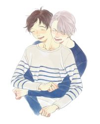 Rule 34 | 2boys, arms around waist, arms at sides, blue shirt, brown hair, clenched hands, closed eyes, collarbone, commentary request, cropped torso, eyelashes, facing viewer, grey hair, hair over one eye, hands up, happy, hug, hug from behind, husband and husband, jewelry, katsuki yuuri, laughing, light blush, light smile, long sleeves, male focus, multiple boys, parted lips, r inami, ring, shirt, simple background, striped clothes, striped shirt, tareme, teeth, upper body, viktor nikiforov, wedding ring, white background, white shirt, yaoi, yuri!!! on ice