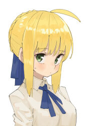 Rule 34 | 1girl, ahoge, artoria pendragon (all), artoria pendragon (fate), blonde hair, blue ribbon, blush, collared shirt, commentary, fate/stay night, fate (series), green eyes, hair ribbon, highres, looking at viewer, neck ribbon, ribbon, saber (fate), shirt, sidelocks, simple background, solo, sweatdrop, tenoo12, white background, white shirt
