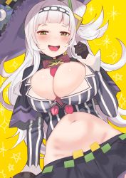 Rule 34 | 1girl, absurdres, alternate breast size, black capelet, black gloves, black hat, black skirt, blunt bangs, blush, breasts, capelet, cleavage, cone hair bun, gloves, hair bun, hat, highres, hololive, large breasts, long hair, long sleeves, looking at viewer, lowleg, lowleg skirt, midriff, murasaki shion, murasaki shion (1st costume), navel, one side up, open mouth, pinstripe pattern, pinstripe shirt, shirt, silver hair, single side bun, skirt, smile, solo, striped clothes, striped shirt, tilted headwear, tonarikeru, vertical-striped clothes, vertical-striped shirt, virtual youtuber, witch hat, yellow eyes