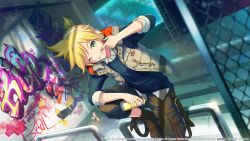 Rule 34 | 1boy, aqua eyes, blonde hair, blouse, blue shirt, boots, can, commentary, finger in own mouth, graffiti, grin, head tilt, headphones, highres, holding, holding can, ixima, kagamine len, leg up, looking at viewer, male focus, one eye closed, project sekai, shirt, short ponytail, shorts, smile, spiked hair, spray can, urban, vest, vivid bad squad len, vocaloid, wire fence