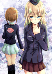 Rule 34 | 2girls, anglerfish, black footwear, black headwear, black jacket, black legwear, blue eyes, blue jacket, blush, boots, brown hair, clenched hands, commentary request, dress shirt, emblem, fish, from behind, garrison cap, gears, girls und panzer, hand on own chest, hat, insignia, itsumi erika, jacket, kuromorimine military uniform, light blush, long hair, long sleeves, looking at viewer, military, military hat, military uniform, miniskirt, multiple girls, nishizumi miho, ooarai military uniform, partial commentary, pleated skirt, red shirt, red skirt, saz (sazin764), shirt, short hair, silver hair, skirt, socks, uniform, white skirt, wing collar