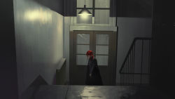 Rule 34 | 1girl, absurdres, black coat, blood, blood on face, braid, ceiling light, chainsaw man, closed mouth, coat, door, highres, indoors, looking at viewer, makima (chainsaw man), red hair, rocher-hd, single braid, solo, stairs, symbol-only commentary, wide shot, yellow eyes