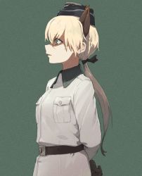Rule 34 | 1girl, animal ears, arms behind back, belt, black hat, black ribbon, blonde hair, breast pocket, closed mouth, coat, commentary request, disdain, from side, garrison cap, gloves, green background, green eyes, grey coat, hair ribbon, half updo, hanna rudel, hat, highres, long hair, long sleeves, low ponytail, military, military hat, military uniform, pocket, ponytail, profile, ribbon, scar, scar on face, scar on nose, shaded face, shiratama (hockey), simple background, solo, strike witches: suomus misfits squadron, uniform, upper body, wing collar, wolf ears, world witches series