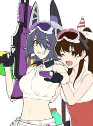 Rule 34 | 10s, 2girls, aiming, aiming at viewer, bad id, bad twitter id, brown hair, commentary request, crop top, dual wielding, eyepatch, goggles, goggles on head, grin, hair over one eye, hair ribbon, hand on another&#039;s shoulder, holding, kantai collection, kirusu, long hair, looking at viewer, midriff, multiple girls, navel, one eye closed, one eye covered, open mouth, ponytail, purple hair, ribbon, shirt, short hair, sidelocks, sketch, sleeveless, sleeveless shirt, smile, super soaker, tank top, tenryuu (kancolle), upper body, water gun, white background, yahagi (kancolle), yellow eyes