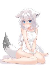 Rule 34 | 1girl, ahoge, animal ear fluff, animal ears, ao kotoha, apron, between legs, blush, braid, breasts, commentary request, earrings, ears down, fox ears, fox girl, fox tail, green eyes, hair between eyes, hand between legs, highres, hololive, jewelry, long hair, looking at viewer, naked apron, pentagram, shirakami fubuki, sidelocks, simple background, single braid, sitting, small breasts, solo, tail, virtual youtuber, wariza, white background, white hair