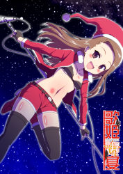 Rule 34 | 1girl, arms behind back, black thighhighs, blush, bra, brown eyes, brown hair, christmas, elbow gloves, fingerless gloves, gloves, hat, idolmaster, idolmaster (classic), jacket, long hair, microphone, microphone stand, midriff, minase iori, navel, night, night sky, ookami maito, open clothes, open jacket, open mouth, santa costume, santa hat, skirt, sky, smile, solo, star (symbol), thighhighs, underwear