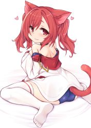 Rule 34 | 1girl, :3, animal ears, ass, azur lane, bare shoulders, blush, breasts, cat ears, cat girl, cat tail, choker, covering privates, covering breasts, from behind, heart, highres, hood, hoodie, i-19 (azur lane), kinomiki nobori, long hair, looking back, oppai loli, red eyes, red hair, school swimsuit, sideboob, sitting, smile, solo, strap slip, swimsuit, tail, thighhighs, twintails, wariza, white thighhighs