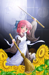 Rule 34 | 00s, 1girl, :d, apron, bamboo, black dress, blush, broom, concealed weapon, dress, fang, flower, holding, holding sword, holding weapon, kohaku (tsukihime), looking at viewer, open mouth, pink hair, smile, solo, sunflower, sword, tooth, tsukihime, weapon, yellow eyes