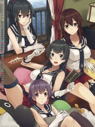 Rule 34 | 10s, 4girls, agano (kancolle), anchor symbol, black hair, black legwear, black necktie, braid, breasts, brown eyes, brown hair, brown legwear, character name, cleavage, couch, crop top, curtains, cushion, failure penguin, flipped hair, garter straps, gloves, green eyes, head rest, highres, holding, holding pen, indoors, kantai collection, knees up, konishi (koconatu), lamp, large breasts, leaning on person, long hair, looking at viewer, medium breasts, midriff, multiple girls, necktie, noshiro (kancolle), notebook, official art, on couch, open mouth, own hands together, pen, pleated skirt, ponytail, purple hair, reclining, red eyes, red skirt, sakawa (kancolle), school uniform, seigaiha, serafuku, shirt, short hair, sidelocks, single thighhigh, sitting, skirt, sleeveless, sleeveless shirt, smile, stuffed toy, thighhighs, twin braids, watermark, white gloves, white shirt, window, yahagi (kancolle)