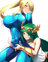 Rule 34 | 1futa, 1girl, aqua eyes, blonde hair, blue bodysuit, blue eyes, blush, bodysuit, bracelet, breasts, bulge, chain, chain necklace, closed mouth, commentary, covered navel, cowboy shot, dress, erection, erection under clothes, forehead jewel, futa with female, futanari, green hair, hair ornament, handjob, handjob over clothes, heart, highres, jewelry, kid icarus, large breasts, lips, long hair, metroid, necklace, nintendo, off-shoulder dress, off shoulder, palutena, parted bangs, penis, ponytail, samus aran, simple background, skin tight, smile, sound effects, super smash bros., sweatdrop, trembling, vambraces, wazukani, white background, white dress, zero suit