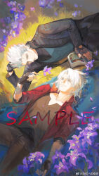Rule 34 | 2boys, absurdres, black gloves, blue eyes, brothers, coat, cumcmn, dante (devil may cry), devil may cry (series), devil may cry 5, fingerless gloves, flower, gloves, hair slicked back, highres, holding, long hair, male focus, multiple boys, red coat, siblings, smile, too many flowers, twins, vergil (devil may cry), violet (flower), white hair