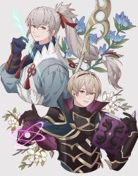 Rule 34 | 2boys, ai tkkm, armor, arrow (projectile), black armor, black capelet, black gloves, blonde hair, blue flower, blue gloves, book, bow (weapon), breastplate, brown eyes, capelet, commentary, cropped torso, fire emblem, fire emblem fates, floating hair, floral background, flower, gloves, gold trim, grey background, grey hair, grin, hair between eyes, hair ribbon, highres, holding, holding arrow, holding book, holding bow (weapon), holding weapon, japanese clothes, leo (fire emblem), long hair, magic, male focus, multiple boys, nintendo, open book, ponytail, purple eyes, red ribbon, ribbon, short hair, simple background, smile, takumi (fire emblem), tiara, weapon, white flower