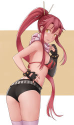 Rule 34 | 1girl, ass, bikini, bikini top only, black gloves, black shorts, bracelet, cheshirrr, elbow gloves, fingerless gloves, floating hair, from behind, gloves, hair between eyes, hand on own hip, high ponytail, highres, jewelry, leaning forward, long hair, open mouth, pink scarf, pink thighhighs, print bikini, print bikini top, red hair, scarf, short shorts, shorts, solo, standing, striped clothes, striped scarf, swimsuit, tengen toppa gurren lagann, thighhighs, very long hair, yellow eyes, yoko littner