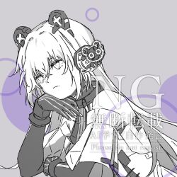 1girl animal_ears bear_ears coat collar english_text fake_animal_ears greyscale headgear headphones long_hair mechanical_arms monochrome partially_colored punishing:_gray_raven qp_s3_96 sidelocks solo teddy_(pgr) watermark