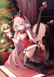 Rule 34 | 1797928123, :p, absurdres, alternate costume, ash arms, breasts, carpet, character doll, christmas tree, commentary request, curtains, green eyes, hair ornament, highres, instrument, kneeling, long hair, looking at viewer, no shoes, small breasts, thighhighs, tongue, tongue out, violin, window, x hair ornament