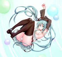 Rule 34 | 1girl, absurdres, aqua eyes, aqua hair, armpits, arms up, boots, detached sleeves, hatsune miku, highres, long hair, looking at viewer, necktie, onceskylark, panties, skirt, solo, striped clothes, striped panties, thigh boots, thighhighs, twintails, underwear, very long hair, vocaloid