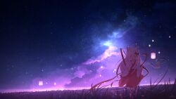 Rule 34 | 1girl, animal ears, cat, cat ears, cat girl, cat tail, closed eyes, closed mouth, field, floating, highres, japanese clothes, lantern, long hair, night, night sky, original, paper lantern, rune xiao, scenery, sky, sky lantern, solo, star (sky), starry sky, tail, white hair