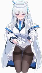 Rule 34 | 1girl, black pantyhose, blue archive, blue necktie, blush, breasts, closed mouth, clothes lift, coat, collared shirt, cropped legs, grey background, grey hair, halo, highres, jacket, large breasts, lifting own clothes, long hair, long sleeves, looking at viewer, necktie, noa (blue archive), off shoulder, open clothes, open coat, panties, panties under pantyhose, pantyhose, purple eyes, shirt, simple background, skirt, skirt lift, smile, solo, thighband pantyhose, underwear, white coat, white jacket, white panties, white shirt, white skirt, xintianou
