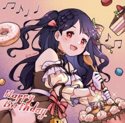 Rule 34 | birthday cake, black hair, bow, bowtie, cake, detached sleeves, doughnut, food, frilled sleeves, frills, gloves, happy birthday, lock, lolita fashion, long hair, looking at viewer, musical note, nijigen project, nika linh lan, open mouth, pink bow, pink bowtie, red eyes, rie ccat, smile, virtual youtuber, white gloves, wooden spoon