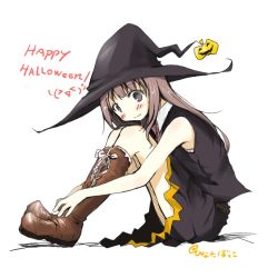 Rule 34 | 1girl, \(^o^)/, artist name, bare shoulders, blush, boots, brown eyes, brown hair, dress, english text, food-themed hair ornament, hair ornament, halloween, halloween costume, happy halloween, hat, hinata-bokko (sanpo fuumi), hugging own legs, long hair, looking at viewer, original, pumpkin hair ornament, simple background, smile, solo, thigh boots, thighhighs, witch, witch hat