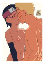Rule 34 | 1boy, 1girl, 2020, ac120, age difference, black gloves, black hair, blonde hair, blush, boruto: naruto next generations, breasts, closed eyes, collarbone, dated, elbow gloves, facial mark, fingerless gloves, forehead protector, glasses, gloves, hairband, highres, konohagakure symbol, naruto (series), nipples, nude, red-framed eyewear, red hairband, short hair, simple background, small breasts, uchiha sarada, upper body, uzumaki naruto, whisker markings, white background