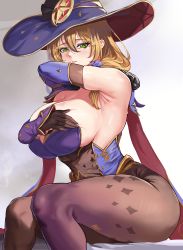 Rule 34 | 1girl, absurdres, armpits, bare shoulders, black gloves, black pantyhose, blue hat, blue leotard, blue sleeves, blush, bodystocking, breast hold, breasts, brown hair, cosplay, cowboy shot, detached sleeves, dress, flower, fur collar, genshin impact, gloves, gold trim, green eyes, hair between eyes, hat, highleg, highleg leotard, highres, large breasts, leotard, lisa (genshin impact), long hair, looking at viewer, loooyd, low tied hair, mona (genshin impact), mona (genshin impact) (cosplay), multicolored clothes, multicolored dress, pantyhose, parted lips, purple flower, purple rose, rose, sidelocks, simple background, sitting, solo, sparkle print, sweat, thighs, white background, witch hat