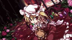 Rule 34 | 1girl, ascot, blonde hair, blood, blood on hands, crystal, flandre scarlet, flower, frills, hat, hat ribbon, holding, holding stuffed toy, isu (is88), looking at viewer, mob cap, one side up, open mouth, petticoat, pink flower, red eyes, red flower, red ribbon, red rose, ribbon, rose, solo, stuffed animal, stuffed toy, teddy bear, touhou, white hat, wings, yellow ascot