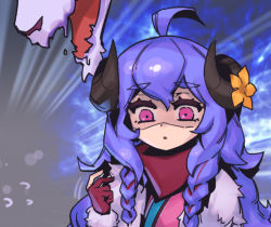 Rule 34 | 1girl, :o, ahoge, braid, flower, fur trim, gloves, hair between eyes, hand up, horns, kindred (league of legends), lamb (league of legends), league of legends, long hair, multicolored background, official alternate costume, open mouth, orange flower, phantom ix row, pink eyes, portrait, purple hair, red gloves, red scarf, scarf, spirit blossom kindred, twin braids, wolf (league of legends)