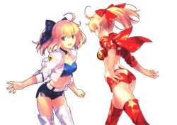 Rule 34 | 2girls, absurdres, ahoge, artoria pendragon (all), artoria pendragon (fate), belt, blonde hair, blue bow, blue shorts, boots, bow, breasts, butt crack, cleavage, collarbone, fate/grand order, fate/stay night, fate/unlimited codes, fate (series), green eyes, hair bow, hand on own hip, highres, jacket, long hair, looking at viewer, medium breasts, midriff, multiple girls, navel, nero claudius (fate), nero claudius (fate) (all), nero claudius (fate/extra), official alternate costume, open clothes, open jacket, ponytail, red bow, red footwear, red jacket, red shorts, saber (fate), saber (type-moon racing) (fate), saber lily, scan, short shorts, shorts, simple background, smile, stomach, strapless, takeuchi takashi, thigh boots, thighhighs, tube top, white background, white footwear, white jacket