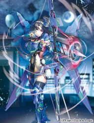 Rule 34 | 1girl, aiming, arrow (projectile), black gloves, black hair, blurry, blurry background, boots, bow (weapon), city, closed mouth, cloud, cloudy sky, crescent moon, feet out of frame, gloves, head-mounted display, holding, holding bow (weapon), holding weapon, looking afar, luck &amp; logic, mecha musume, moon, night, night sky, official art, red eyes, rooftop, scouter, serious, sky, solo, standing, thighhighs, thighhighs under boots, watermark, weapon, yanyo (ogino atsuki)