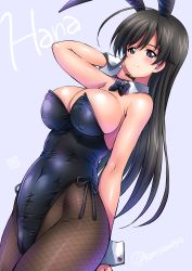 Rule 34 | 1girl, absurdres, ahoge, alternate costume, animal ears, bare shoulders, black hair, black leotard, blush, bow, bowtie, breasts, cleavage, covered navel, cowboy shot, detached collar, fake animal ears, fishnet pantyhose, fishnets, girls und panzer, highres, impossible clothes, impossible leotard, isuzu hana, kamogawa tanuki, large breasts, leotard, long hair, necktie, pantyhose, playboy bunny, rabbit ears, shiny clothes, shiny skin, signature, simple background, solo, twitter username, wrist cuffs