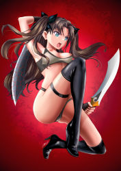 Rule 34 | 1girl, albyee, archer (fate), arms up, black ribbon, black thighhighs, boots, brown hair, dual wielding, fate/stay night, fate (series), green eyes, hair ribbon, high heel boots, high heels, holding, long hair, nipple slip, nipples, open mouth, red background, ribbon, solo, sword, thighhighs, tohsaka rin, weapon