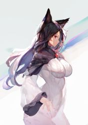 Rule 34 | 1girl, animal ears, black hair, breasts, brooch, commentary, cowboy shot, dress, from side, grey background, highres, imaizumi kagerou, jewelry, large breasts, long hair, long sleeves, looking at viewer, onion (onion and pi-natto), profile, red eyes, solo, taut clothes, taut dress, touhou, two-tone background, white background, white dress, wide sleeves, wolf ears