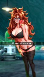 Rule 34 | 1girl, absurdres, android 21, blue eyes, breasts, brown hair, cleavage, dragon ball, dragon ball fighterz, earrings, glasses, highres, jewelry, large breasts, long hair, pea-bean, selfie, tagme, underwear