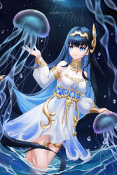 Rule 34 | 1girl, absurdres, armlet, bare shoulders, black hair, blue eyes, blue hair, blue nails, bracelet, breasts, closed mouth, colored inner hair, crescent, crescent earrings, detached sleeves, dress, earrings, hair ornament, highres, jellyfish, jewelry, long hair, long sleeves, medium breasts, multicolored hair, punishing: gray raven, selena: tempest (aria of nymph) (punishing: gray raven), selena (punishing: gray raven), thighlet, very long hair, wading, white dress, white sleeves