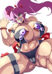 Rule 34 | 1girl, abs, breasts, collarbone, female focus, green eyes, grin, highres, huge breasts, long hair, matsumoto katsuya, mole, muscular, original, panties, purple hair, shiny skin, simple background, smile, solo, spread legs, thick thighs, thigh gap, thighs, twintails, underwear, white background