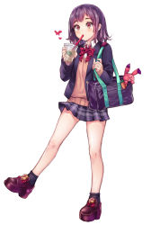 Rule 34 | 1girl, bag, black socks, bow, brown footwear, carrot, cup, disposable cup, drink, drinking, drinking straw, full body, handbag, highres, holding, holding cup, holding drink, jacket, kuroiwa shinji, leg up, long sleeves, medium hair, miniskirt, open clothes, open jacket, original, pink bow, pink eyes, pleated skirt, purple hair, purple jacket, rabbit, school uniform, shirt, shoes, simple background, skirt, sleeves past wrists, socks, solo, standing, standing on one leg, sweater vest, white background, white shirt