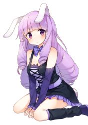 Rule 34 | 10s, 1girl, animal ears, bad id, bad pixiv id, bare shoulders, blush, bow, bowtie, breasts, chuchu (show by rock!!), cleavage, curly hair, detached sleeves, highres, long hair, looking at viewer, purple eyes, purple hair, rabbit ears, rabbit girl, rabbit tail, shnva, show by rock!!, simple background, sitting, solo, tail, wariza, white background