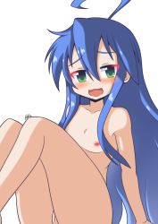 Rule 34 | 1girl, absurdres, blue hair, cleft of venus, female focus, flat chest, highres, izumi konata, lucky star, nipples, pussy, tagme, white background