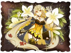 Rule 34 | 1girl, :d, amber (5 22 lili), artea (elsword), bare shoulders, bare tree, black skirt, black thighhighs, blonde hair, book, border, breasts, bridal gauntlets, brooch, cleavage, collarbone, detached collar, detached sleeves, dress, earrings, elsword, flower, garter straps, gem, glasses, hair flower, hair ornament, head tilt, highres, holding, holding book, jewelry, lily (flower), long hair, long sleeves, looking at viewer, low twintails, medium breasts, open mouth, parted lips, plant, ribbon, ring, skirt, smile, solo, strapless, strapless dress, thighhighs, tiara, transparent background, tree, twintails, very long hair, white border, yellow dress, yellow eyes, yellow ribbon, zettai ryouiki