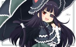 Rule 34 | 1girl, :d, animal ears, animal hat, black capelet, black dress, black hair, black hat, black umbrella, black wings, blush, capelet, cat ears, cat girl, cat hat, cat tail, character name, commentary request, dress, eyepatch, fake animal ears, fang, feathered wings, frilled capelet, frills, gothic lolita, hat, holding, holding umbrella, lolita fashion, long hair, long sleeves, mirai (senran kagura), mitya, open mouth, red eyes, senran kagura, smile, solo, tail, tail raised, twitter username, umbrella, upper body, very long hair, white background, wide sleeves, wings