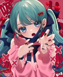 Rule 34 | 1girl, absurdres, aqua eyes, aqua hair, bandaid, bare shoulders, black nails, black ribbon, candy, claw pose, clothing cutout, demon wings, ear piercing, earrings, eyelashes, fangs, floating, floating object, food, frilled sleeves, frills, hair ornament, hair ribbon, hands up, hatsune miku, head tilt, heart, heart hair ornament, heart o-ring, highres, jewelry, lollipop, long hair, long sleeves, looking at viewer, mask, mask pull, mouth mask, multicolored nails, multiple rings, nail polish, neck ribbon, open mouth, piercing, pink shirt, puffy long sleeves, puffy sleeves, red background, red nails, ribbon, ring, shirt, shoulder cutout, solo, sparkle, twintails, two-sided fabric, uu3cm, vampire (vocaloid), vocaloid, watch, wings, wristwatch