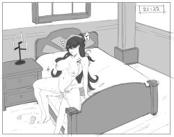 Rule 34 | 1futa, 1girl, ahoge, bedside, beidou (genshin impact), blush, breasts, candlestand, condom, cupboard, futa with female, futanari, ganyu (genshin impact), genshin impact, goat horns, greyscale, heart, highres, hinagi (fox priest), horns, implied futanari, indoors, medium breasts, monochrome, multiple condoms, nervous sweating, nude, one eye covered, open mouth, reverse upright straddle, sex, sex from behind, spoken heart, sweat, timestamp, used condom, used tissue
