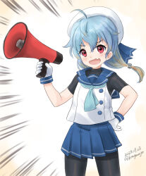 Rule 34 | 1girl, black pantyhose, black undershirt, blonde hair, blue hair, blue neckerchief, blue sailor collar, blue skirt, cowboy shot, emphasis lines, fang, gloves, gradient hair, hat, holding, kantai collection, kitagawa mikio, long hair, low twintails, megaphone, multicolored hair, neckerchief, one-hour drawing challenge, pantyhose, pleated skirt, red eyes, sado (kancolle), sailor collar, sailor hat, shirt, simple background, skin fang, skirt, sleeveless, sleeveless shirt, solo, standing, twintails, white gloves, white hat